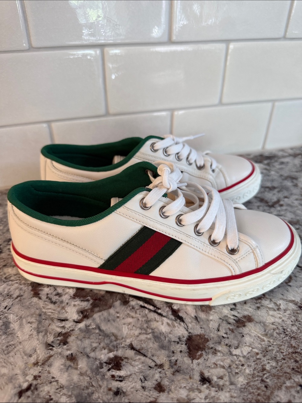 Gucci White Leather Sneakers with Green Lining and Red Accent